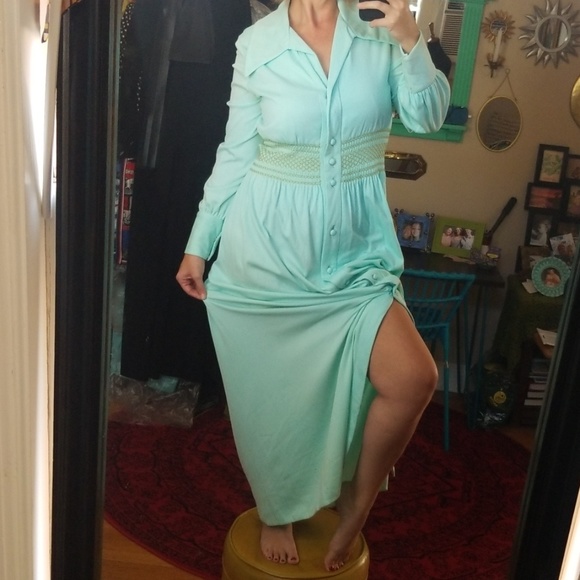 VTG Lillie Rubin Mint Green 70s Boho Maxi Dress - Picture 3 of 8